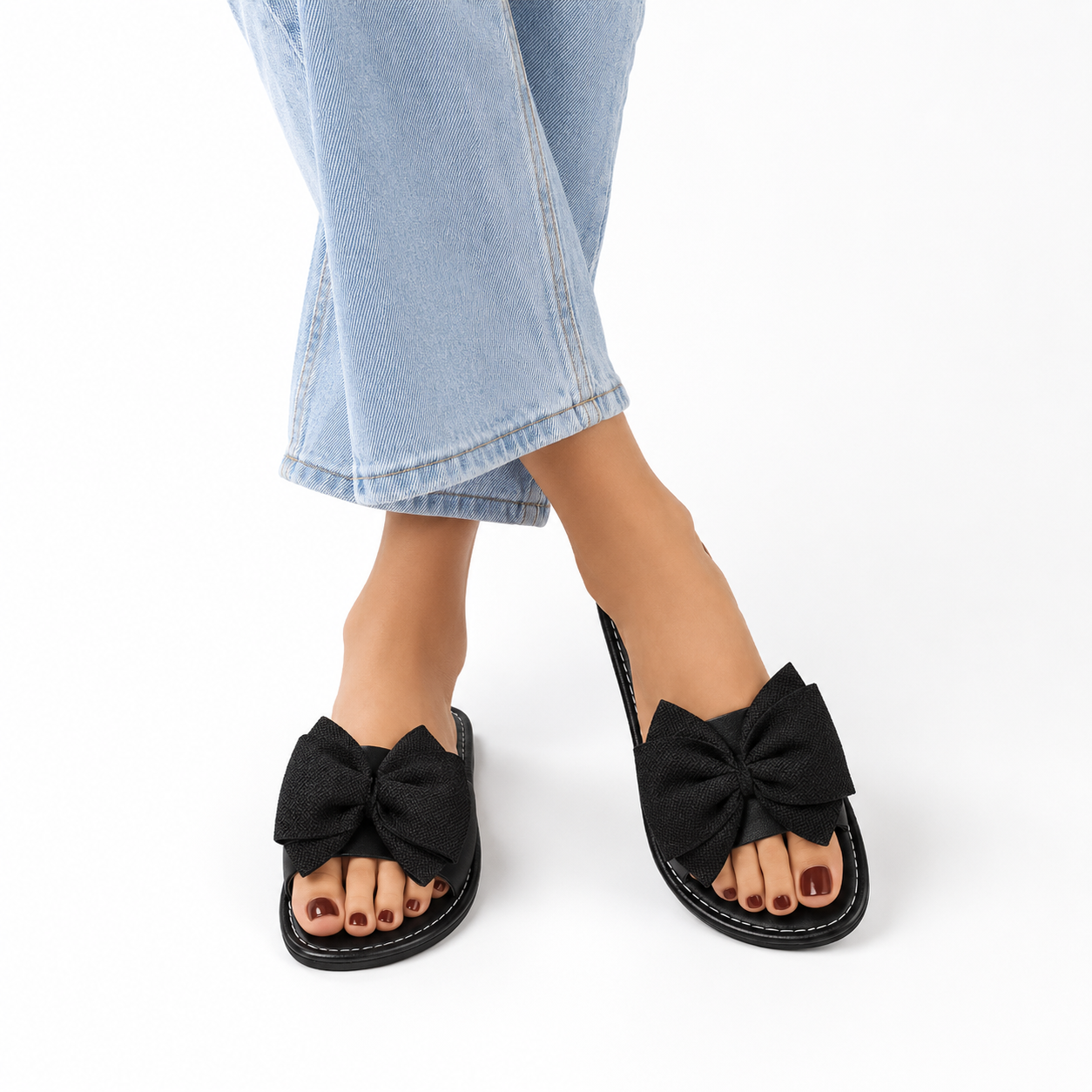 Sandales plates femme Alba noires avec grand nœud décoratif
